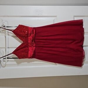 Taboo Red Dress Sequin Bust V-Neck Spaghetti Strap Satin Waist No Size Tag